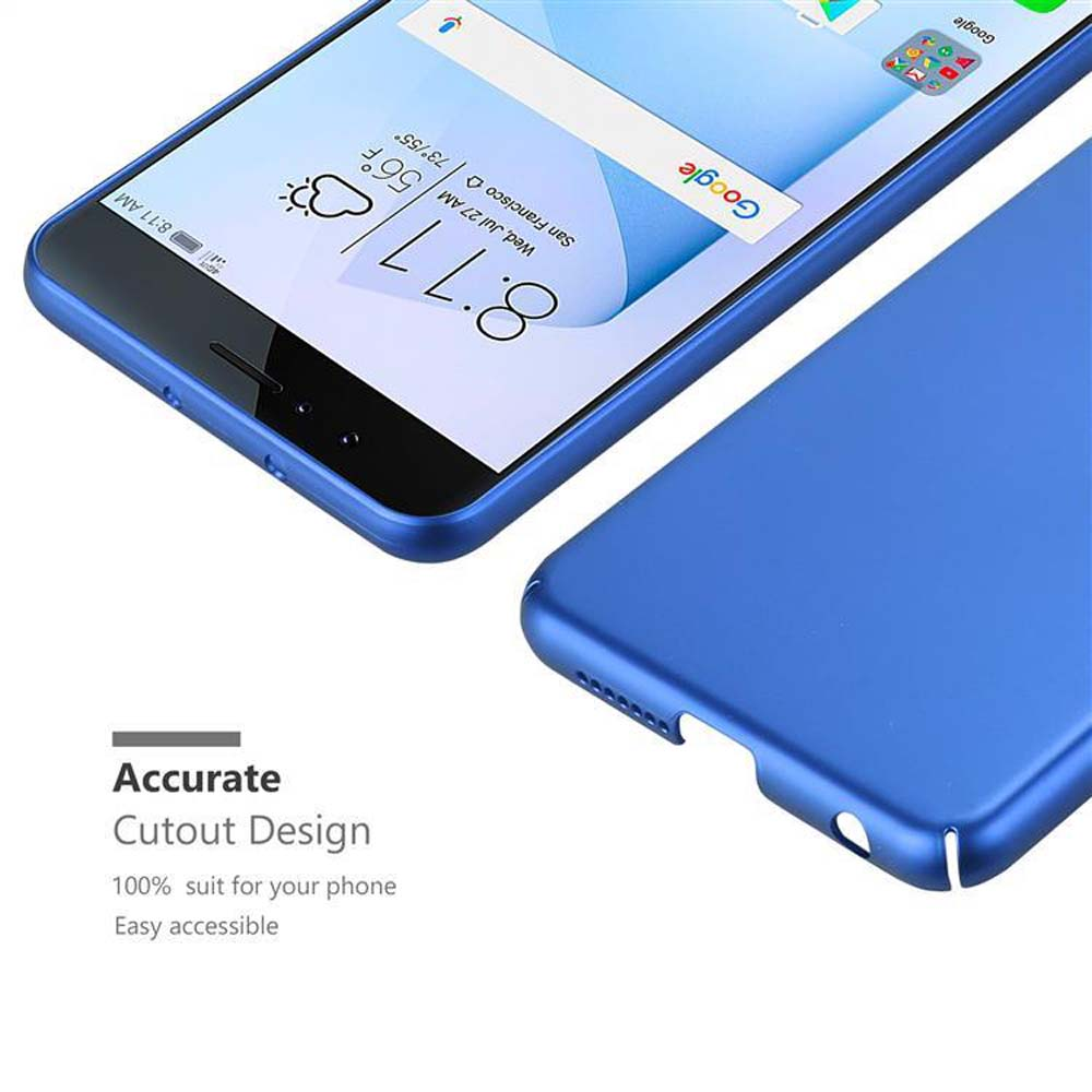 Blaues Telefon und Hülle mit Anzeige von Uhrzeit und Datum. Hülle ist offen.