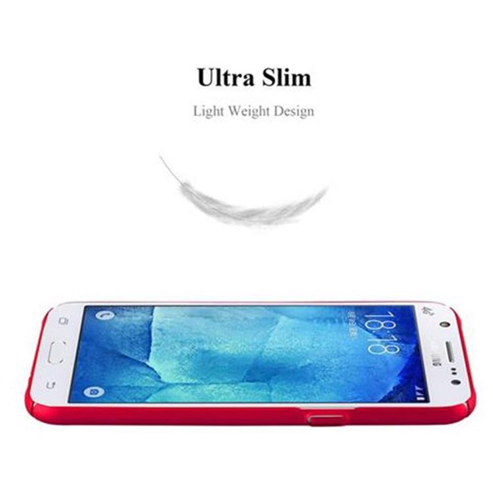 Rote Handyhülle auf einem Samsung-Telefon, ultraflaches Design. Weißer Hintergrund mit Federgrafik.