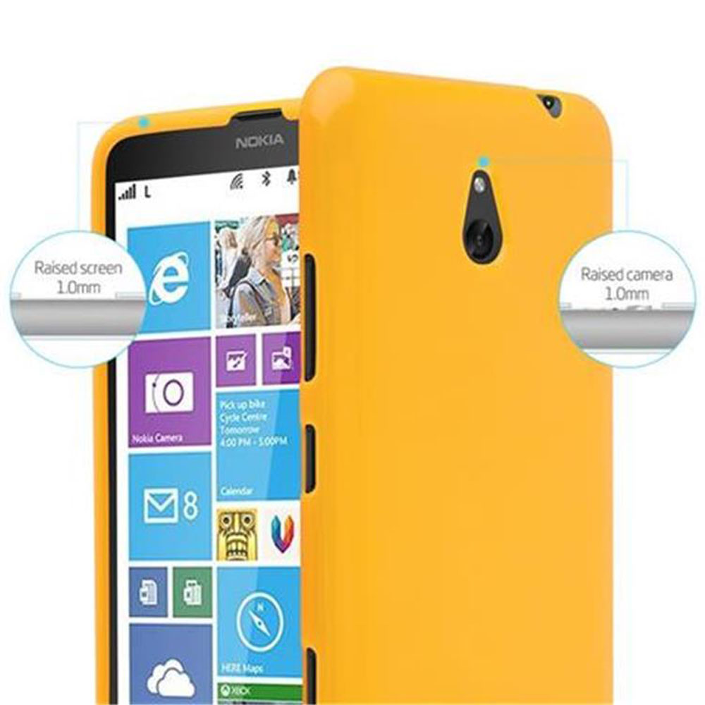 Coque de téléphone jaune, deux vues. L'une montre l'écran, l'autre l'arrière avec l'appareil photo.