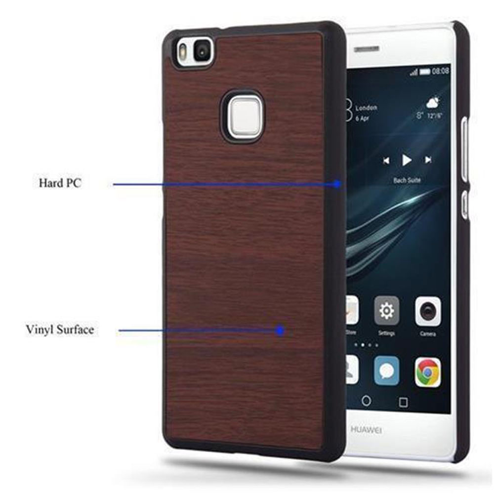 Un telefono con una custodia in legno marrone. Il telefono è accanto alla sua custodia, con caratteristiche etichettate.
