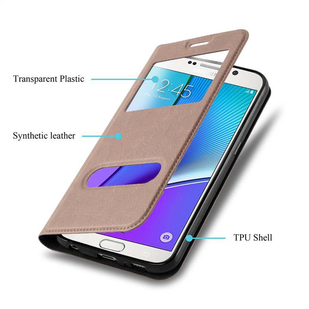 Telefon in einer braunen Hülle mit sichtbarem Bildschirm. Text sagt transparente Kunststoff und Kunstleder.