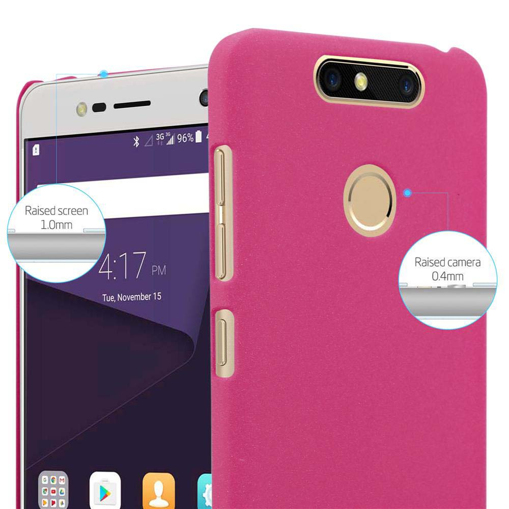 Una custodia rosa su un telefono. Le annotazioni mostrano lo schermo e la fotocamera rialzati.