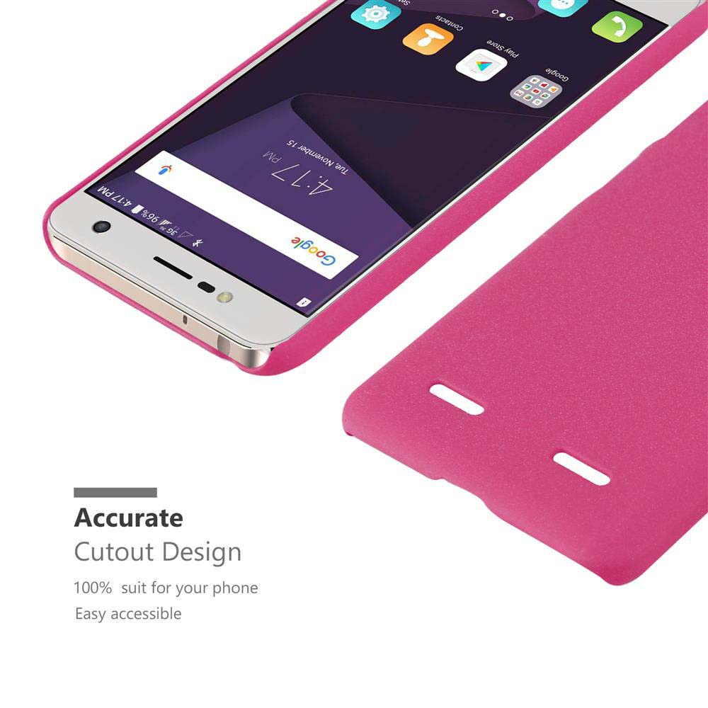Custodia per telefono rosa con telefono. Il telefono è sul lato sinistro dell'immagine. La custodia è aperta.