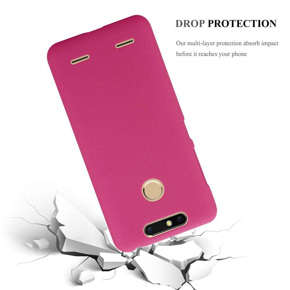 Custodia rosa per telefono che cade, terreno crepato, sfondo bianco. Testo: protezione da caduta.