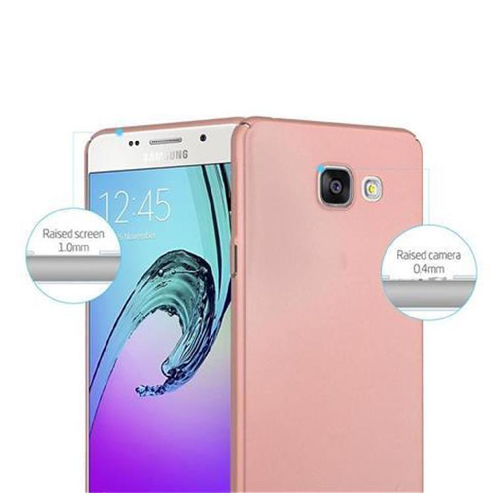 Una custodia rosa per telefono con un telefono all'interno. Lo schermo mostra l'ora. Il testo indica schermo e fotocamera rialzati.