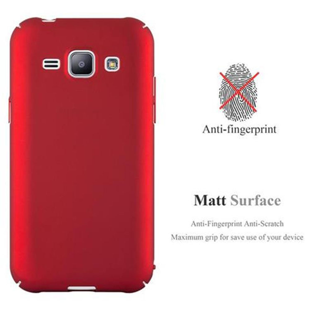 Custodia rossa per telefono con superficie opaca. Testo dice Anti-impronte e Anti-graffio. Icona impronta digitale.