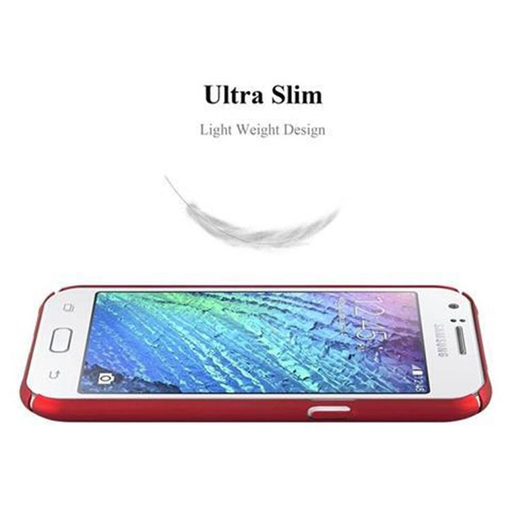 Telefono rosso ultrasottile con schermo acceso, illustrazione di piuma bianca, sfondo bianco. Testo: 'Ultra Slim'.