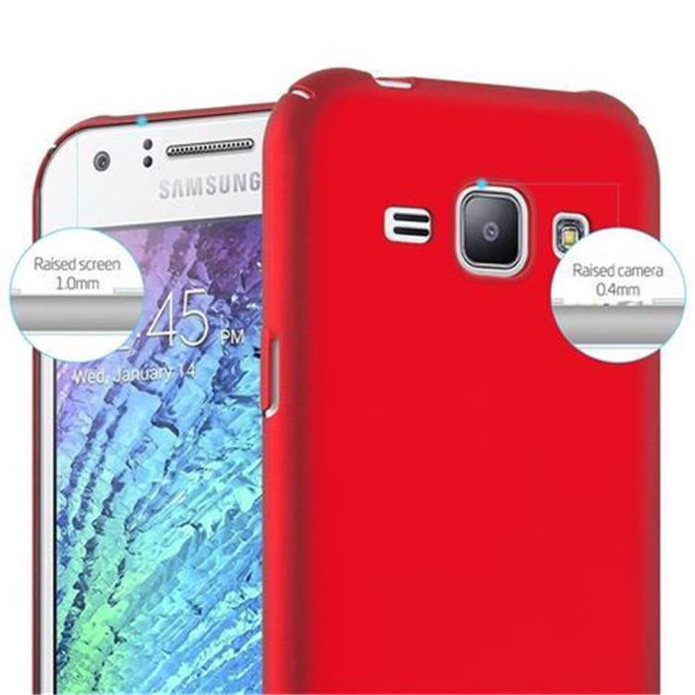 Custodia rossa con schermo del telefono. Testo: Schermo e fotocamera rialzati.