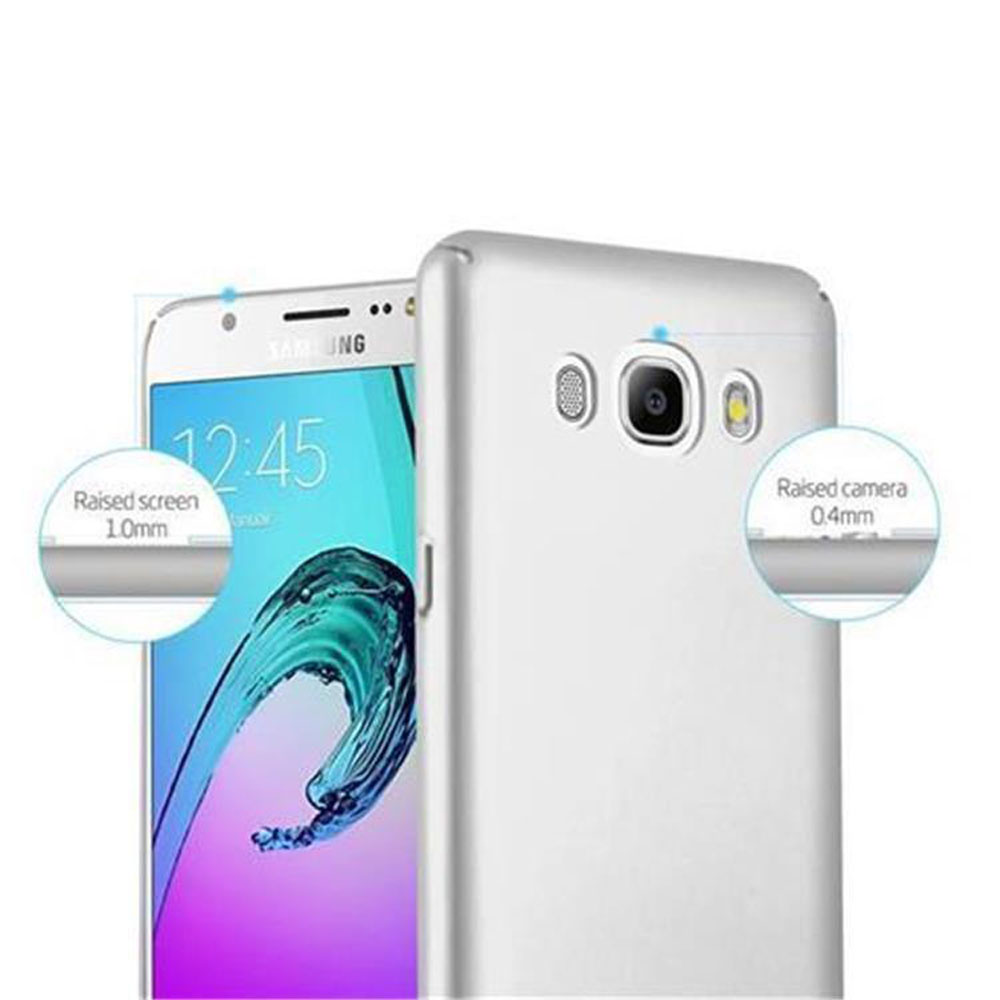 Funda de teléfono plateada con dos teléfonos. Un teléfono está en la funda, el otro muestra la pantalla. Etiquetas de texto.