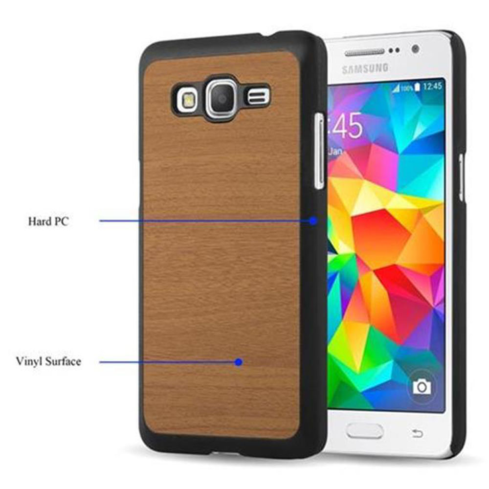 Telefono con custodia effetto legno. Rifinitura nera. Sfondo bianco.