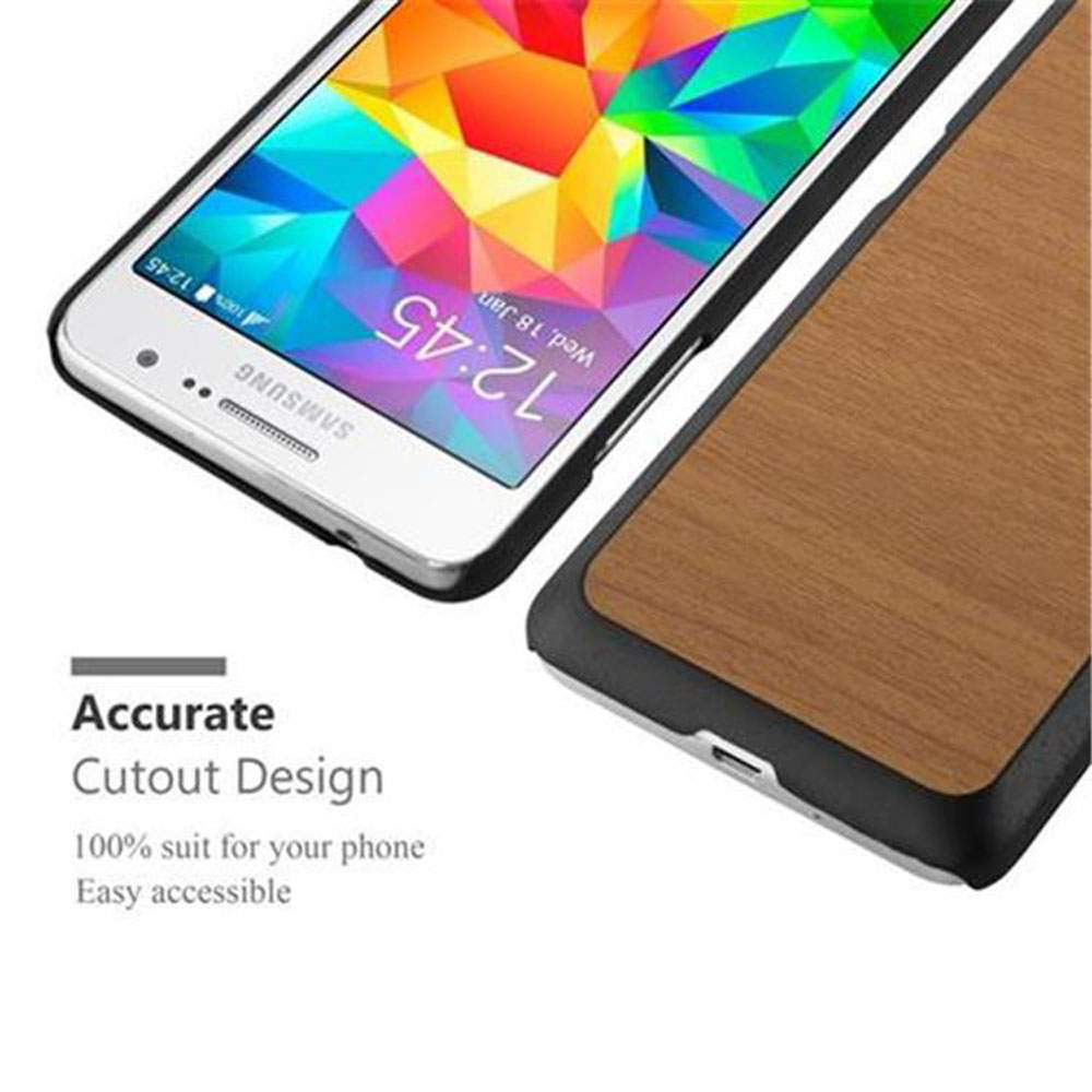 Due telefoni con custodie, una con venature del legno e una nera. L'immagine evidenzia l'accurato design del ritaglio.
