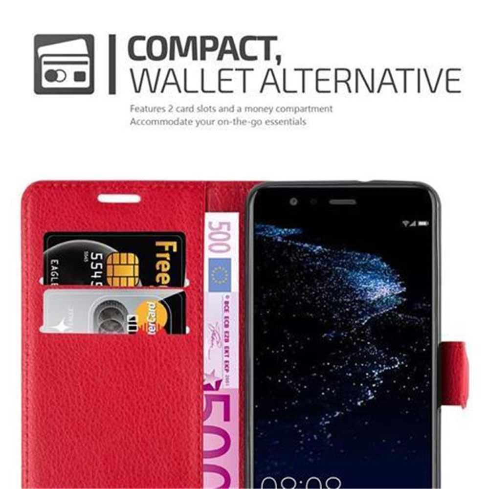 Custodia per telefono rossa con carte di credito e denaro. Lo schermo del telefono mostra l'ora. Testo: WALLET ALTERNATIVE.