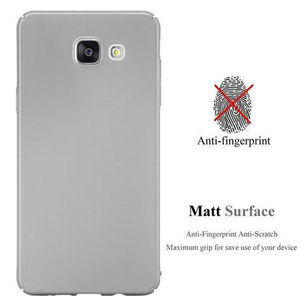 Custodia per telefono grigia con funzione anti-impronta e descrizione della superficie opaca.