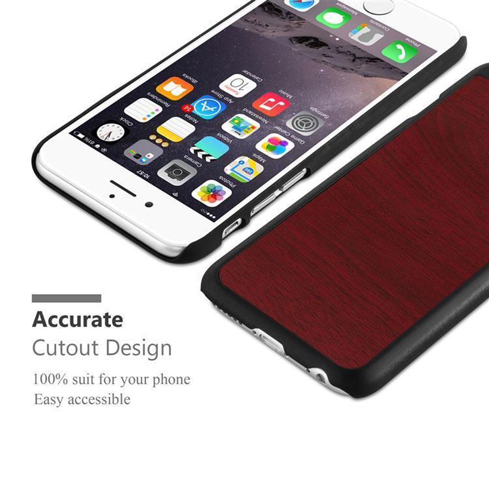 Telefono e custodia per telefono effetto legno. Il telefono è su sfondo bianco. Lo schermo del telefono visualizza le icone.