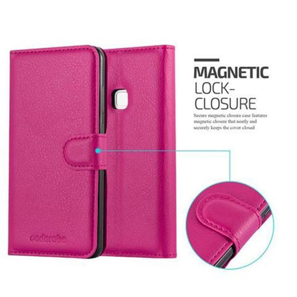 Una custodia per telefono rosa in posizione chiusa e aperta. La custodia ha una chiusura magnetica.