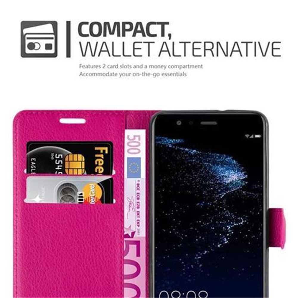 Una custodia rosa per telefono con carte e un telefono all'interno. La custodia ha slot per carte e un vano per soldi.