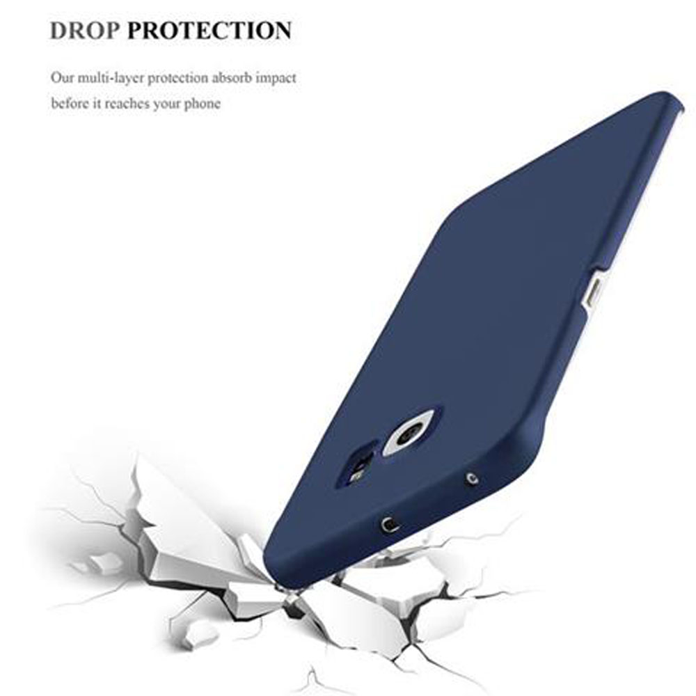 Custodia blu per telefono, con telefono che cade. Il testo recita: Protezione dalle cadute.
