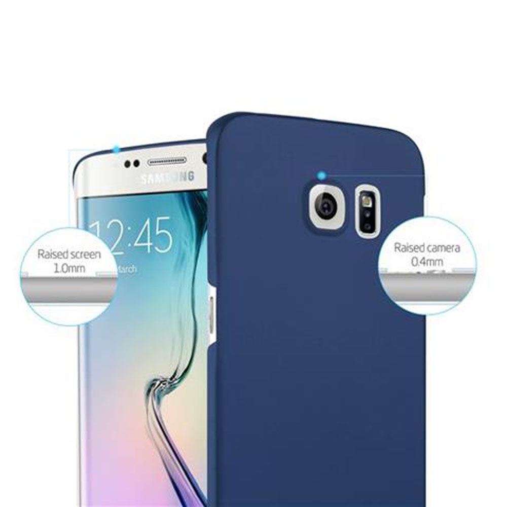 Telefono con custodia blu. Schermo e fotocamera rialzati evidenziati in cerchi.
