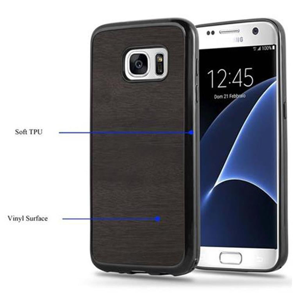 Telefono con custodia nera. Testo: TPU morbido, superficie in vinile. Telefono con schermo bianco. La custodia ha una trama di venature del legno.