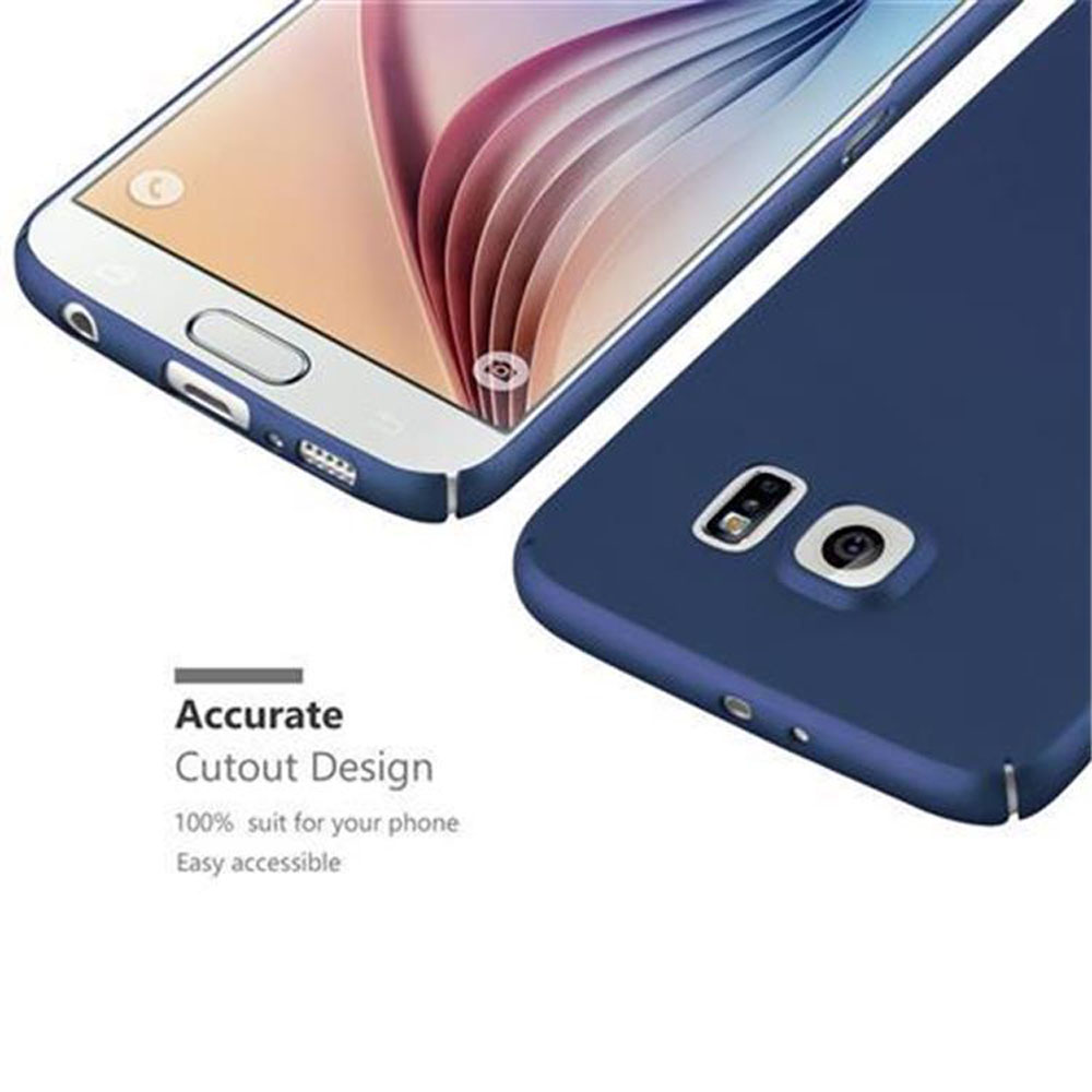 Custodia per telefono. Custodia blu, che mostra il telefono e i dettagli della custodia.