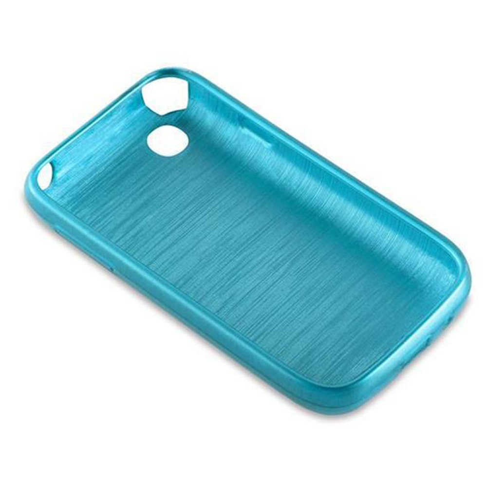 Blaue Handyhülle mit gebürsteter Metallstruktur. Einfaches Design, schräge Ansicht, hellblaue Farbe.