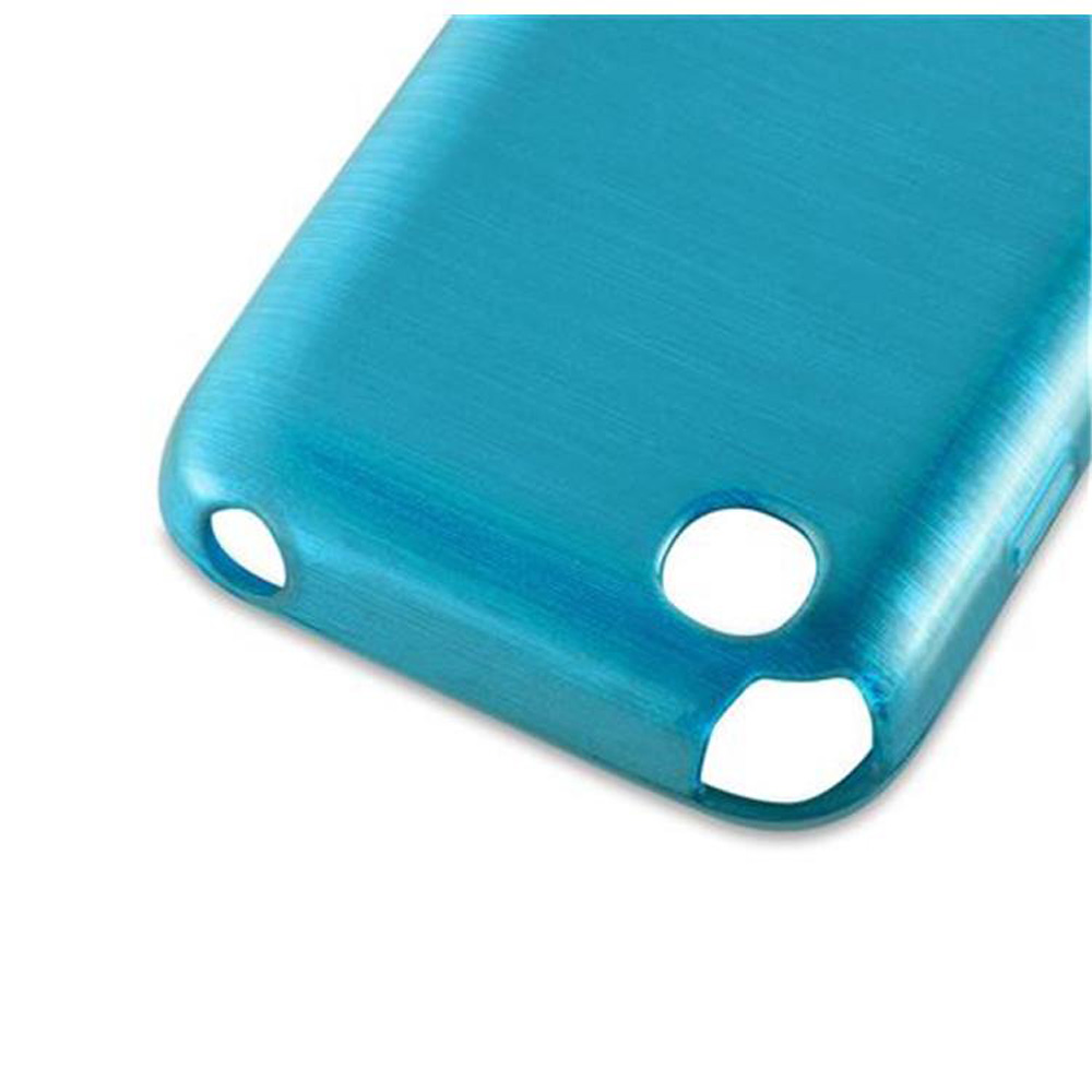 Eine blaue Handyhülle mit Löchern für Kamera und Stecker. Die Hülle befindet sich auf weißem Hintergrund.