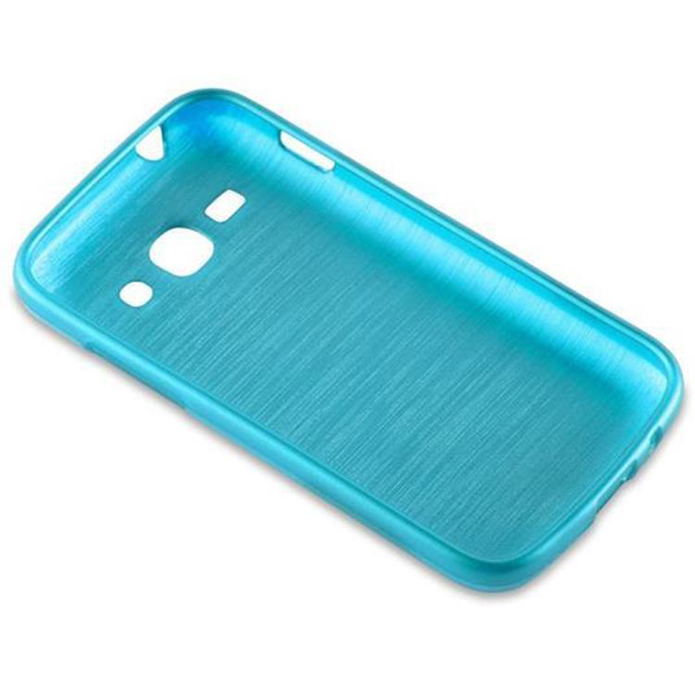 Blaue Handyhülle mit Aussparungen für ein Telefon. Winkelansicht.