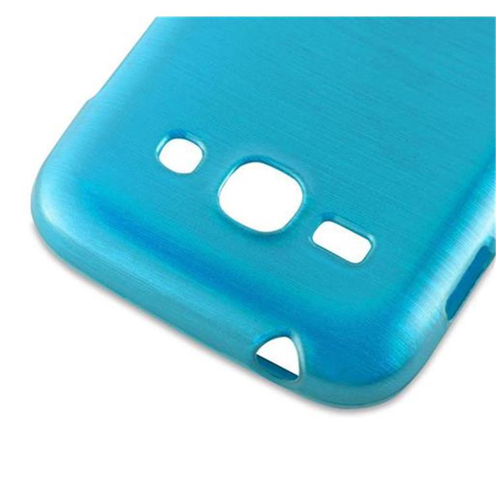 Blaue Handyhülle mit Aussparungen für Knöpfe und Kamera. Die Hülle besteht aus glänzendem Material.