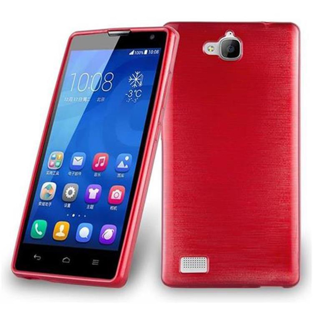 Teléfono rojo con pantalla encendida y una funda roja al lado.