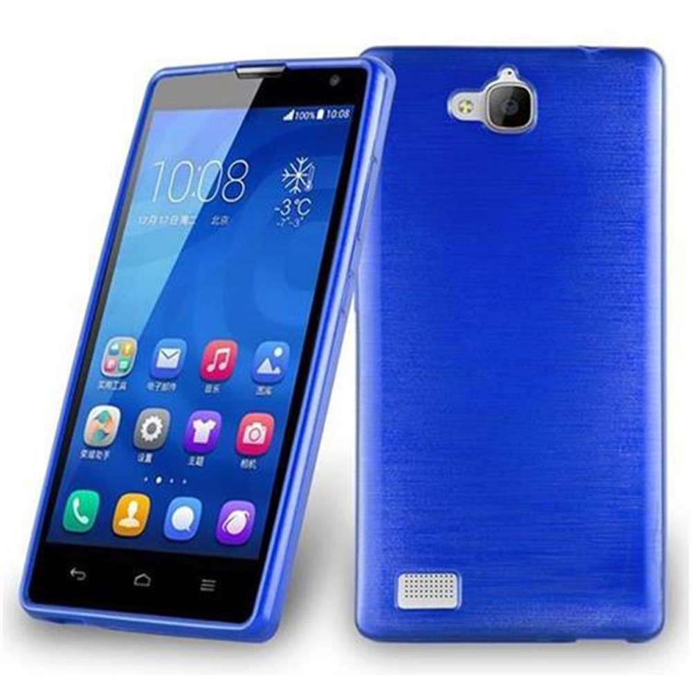 Un teléfono azul con la pantalla encendida con un reloj e iconos. La parte trasera también es visible.