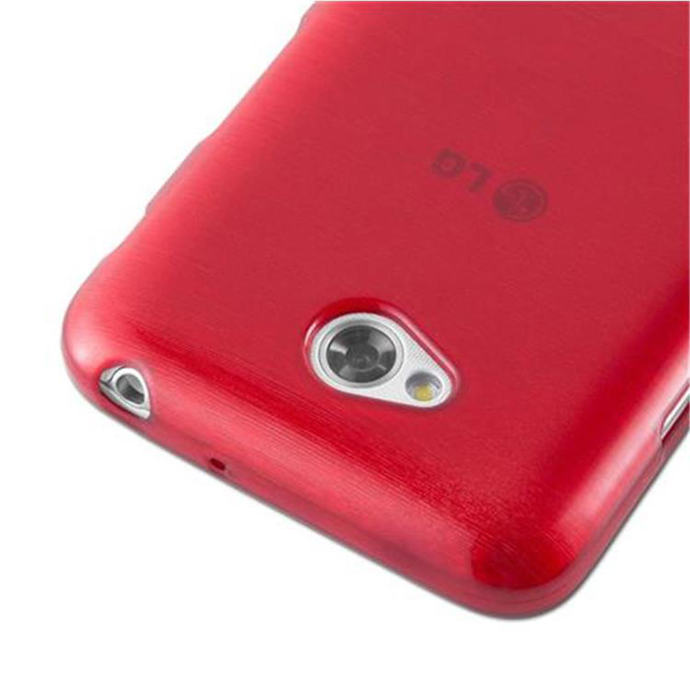 Custodia rossa per telefono con telefono all'interno. La parte posteriore del telefono è visibile. Plastica rossa.