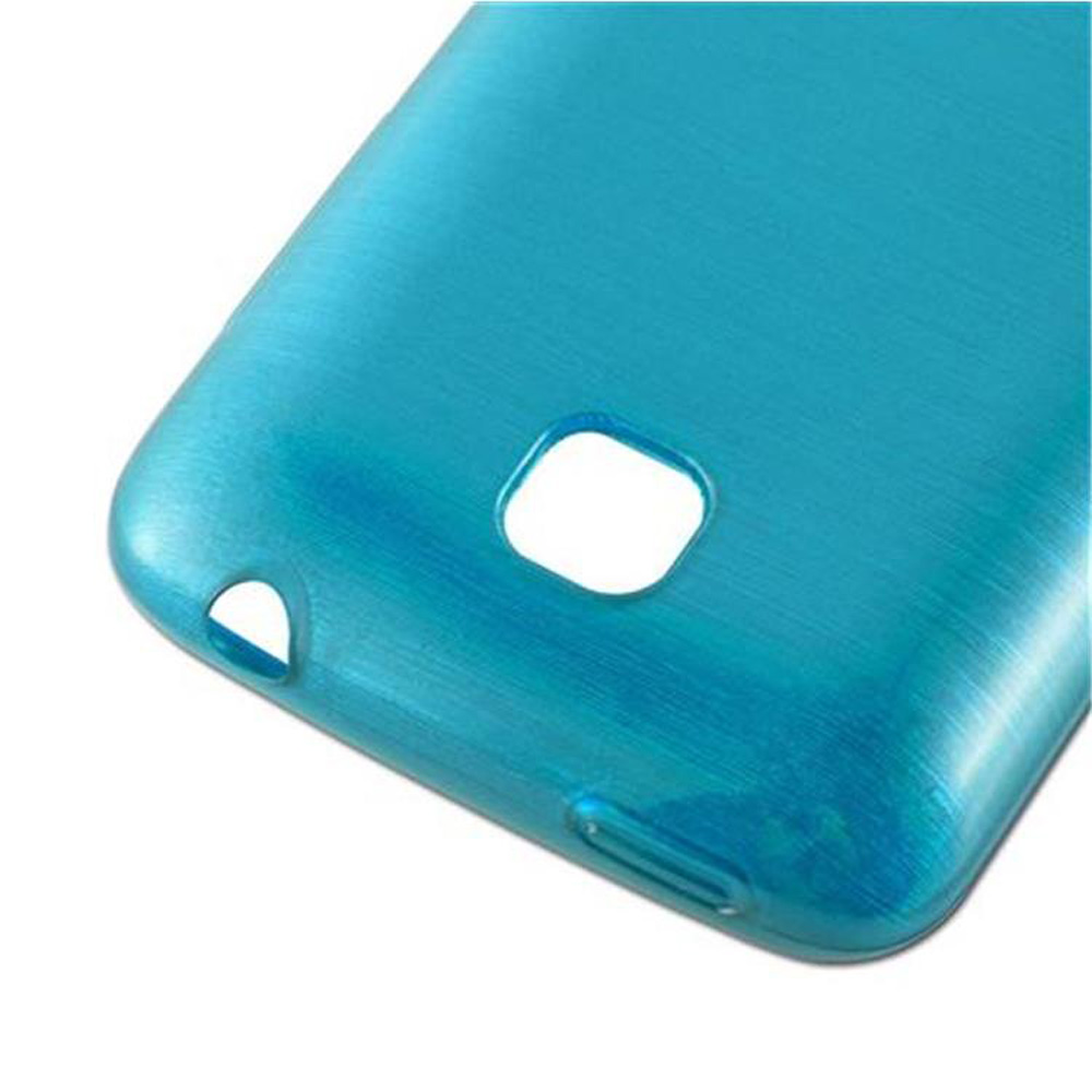 Primo piano di una custodia blu per telefono con una fotocamera e altre aperture.