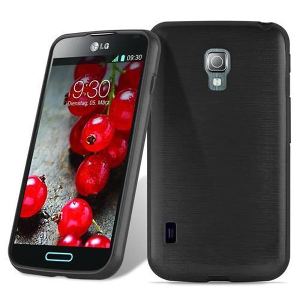 Schwarzes Telefon mit Beerenhintergrund und schwarzer Hülle.