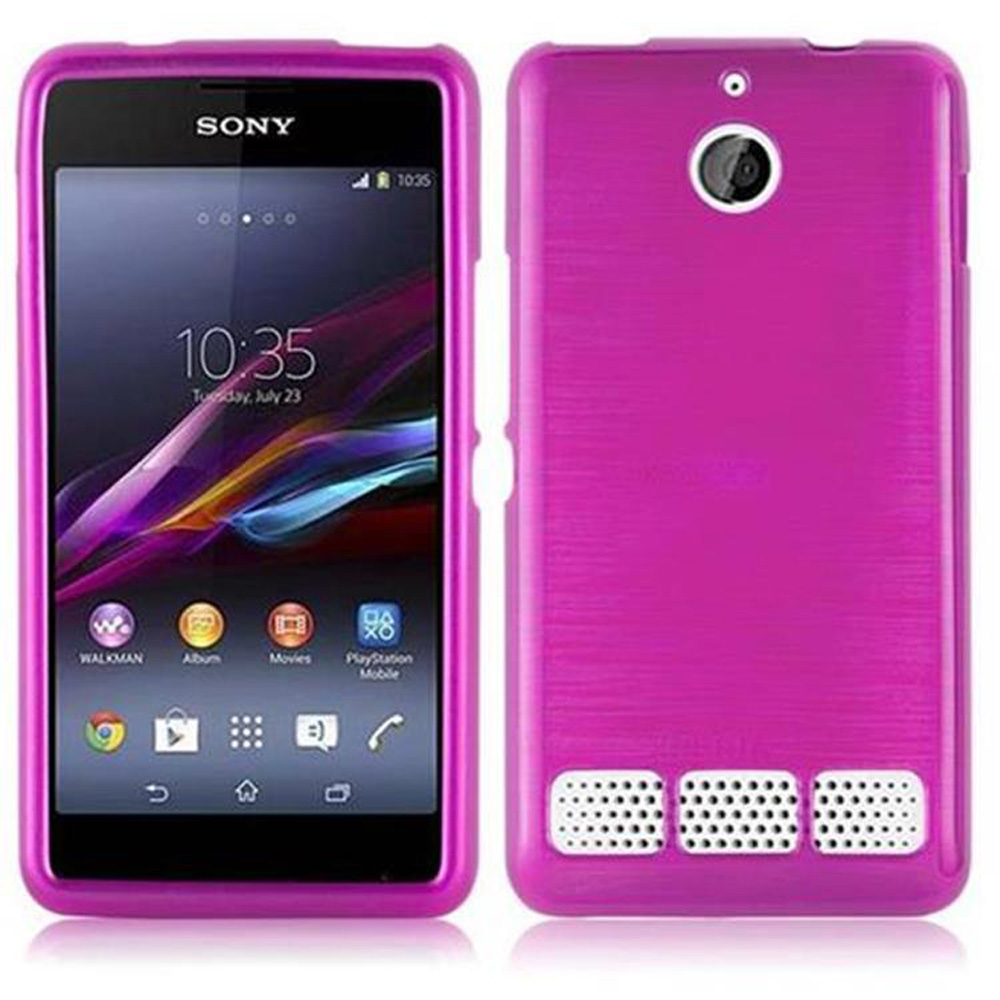 Teléfono Sony rosa con funda. El frente muestra la pantalla, la parte trasera tiene cámara y orificios para altavoces.