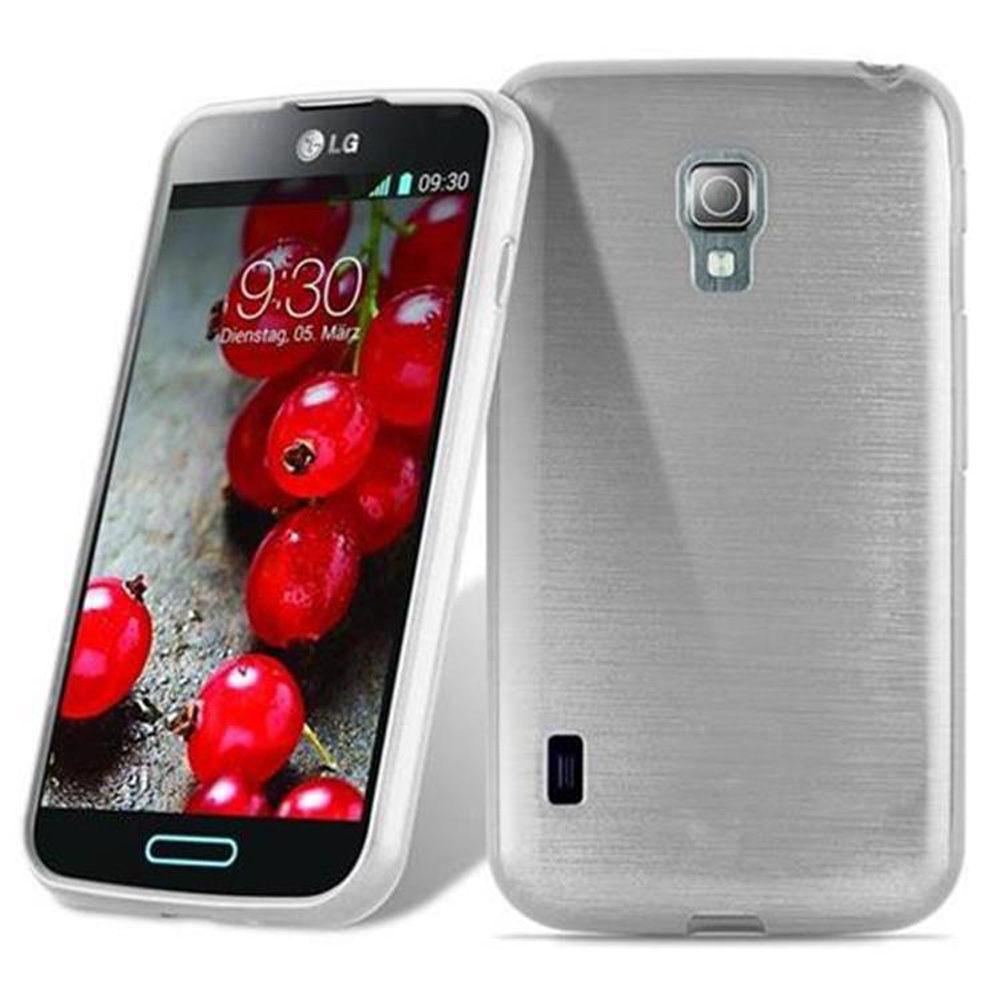 Silbernes Telefon mit roten Beeren auf dem Bildschirm und passender Hülle.