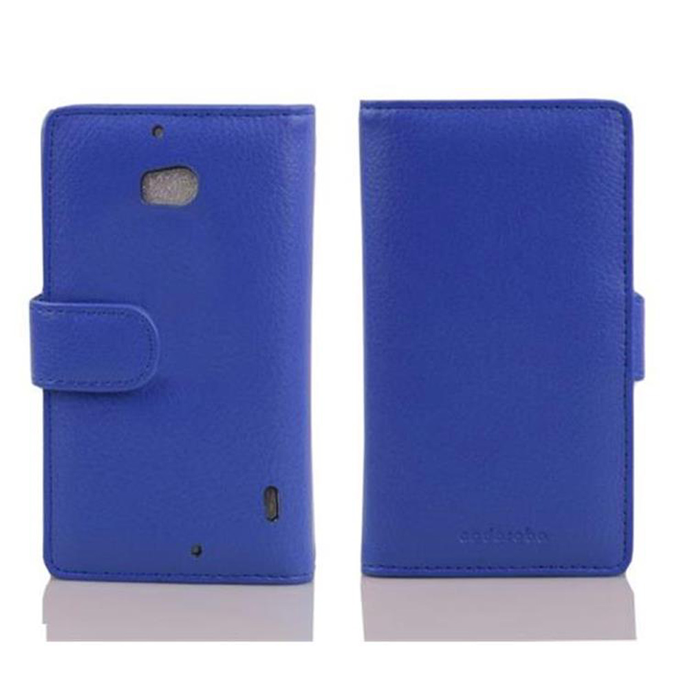 Custodia blu per telefono aperta. Due lati della custodia. Pulsante e foro fotocamera.