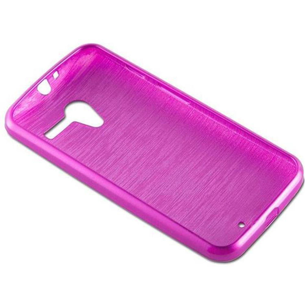 Custodia per telefono rosa. La custodia è angolata con un ritaglio per la fotocamera. La superficie ha una trama spazzolata.