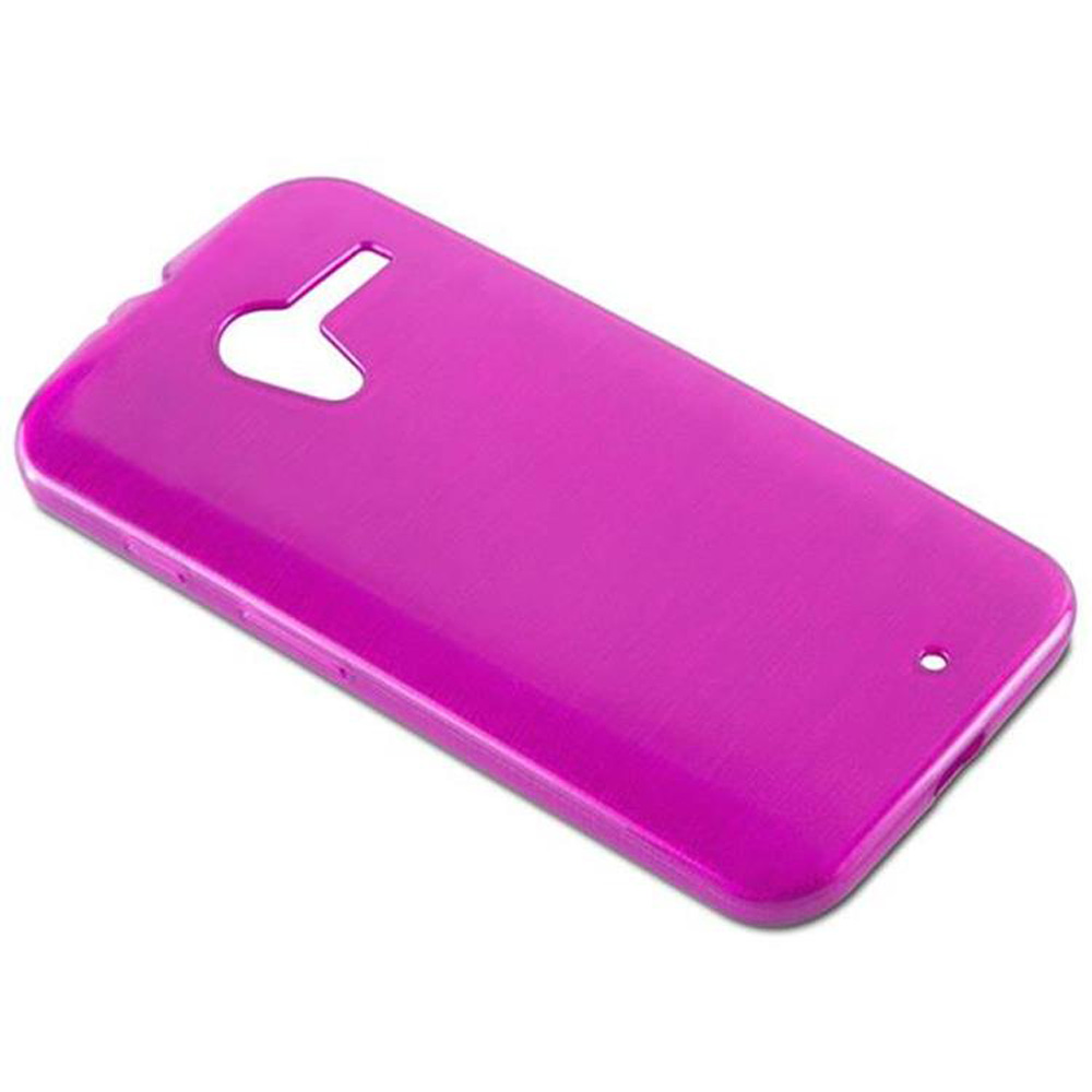 Custodia per telefono rosa brillante con fori per fotocamera e pulsanti, angolata su superficie bianca.