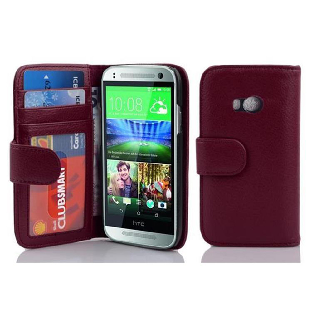 Funda de teléfono de cuero burdeos con tarjetas y un teléfono. Vistas abiertas y cerradas.
