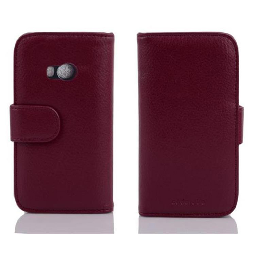 Una funda de teléfono burdeos. Vista frontal y trasera. Muestra recortes para la cámara y los botones.