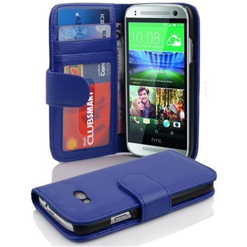 Cartera azul para teléfono con tarjetas y teléfono mostrando pantalla.