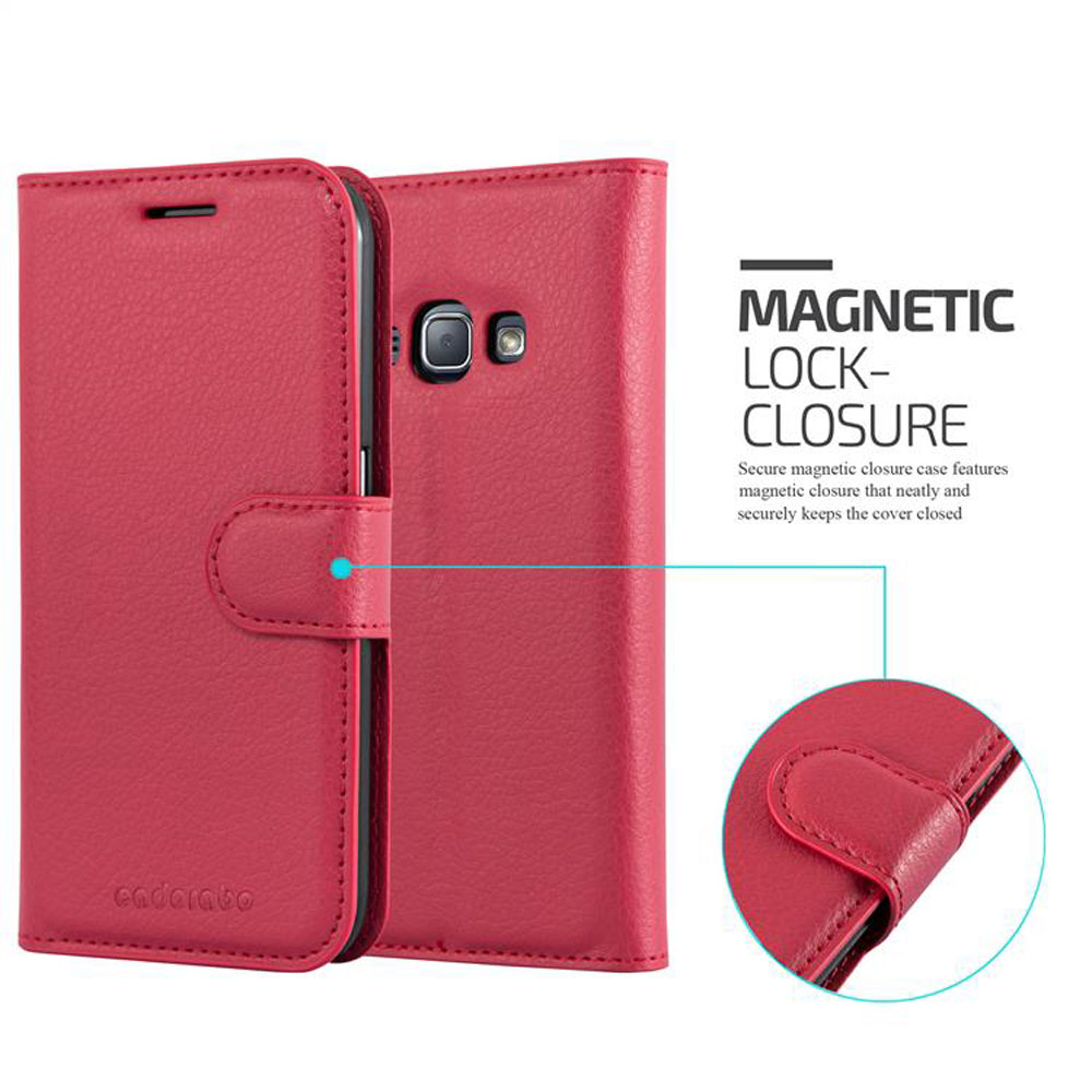 Custodia per telefono rossa con chiusura magnetica. Custodia chiusa a sinistra, aperta a destra.
