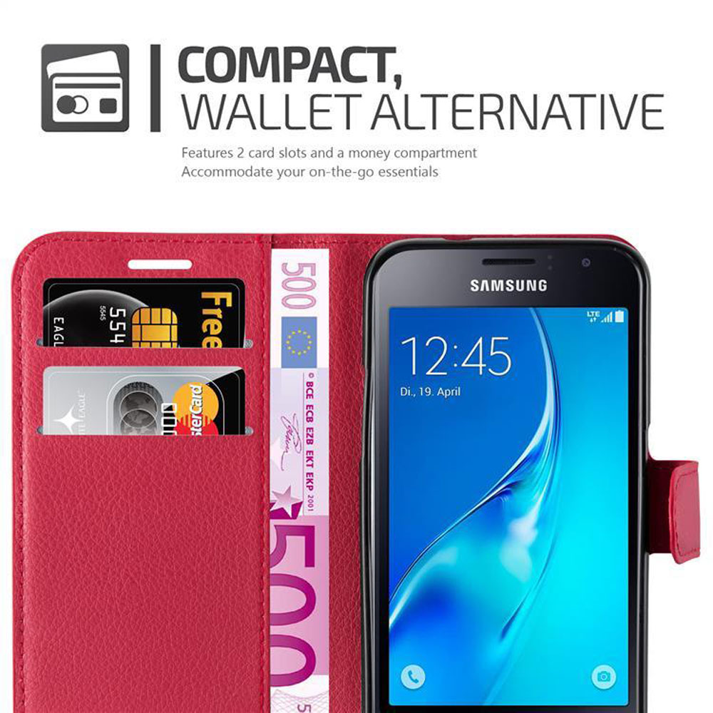 Custodia a portafoglio rossa con carte e denaro visibili, telefono nella custodia.