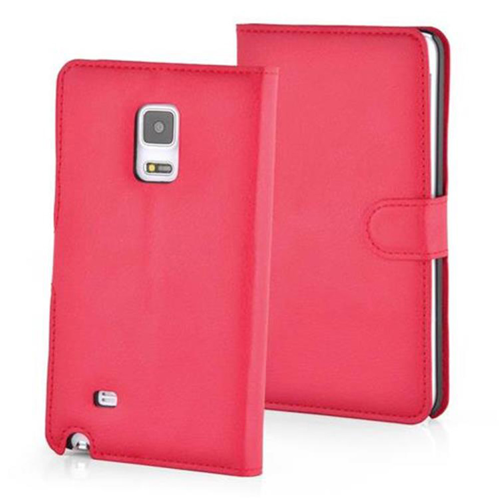 Custodia per telefono rossa, aperta, con un telefono all'interno.  Stile a ribalta e chiusura magnetica.