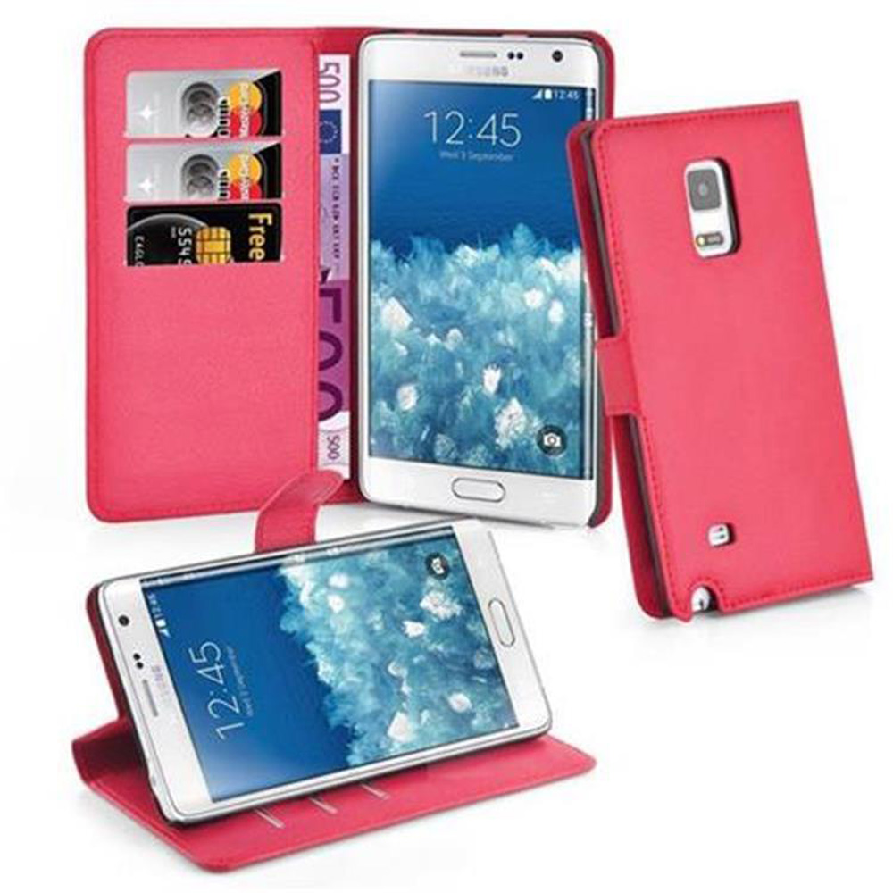Una custodia rossa per telefono con un portafoglio e un telefono all'interno.