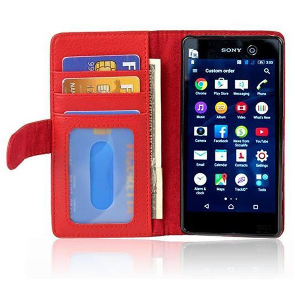 Un teléfono en una funda tipo billetera roja. La funda tiene ranuras para tarjetas y un compartimento para dinero. La pantalla está encendida.
