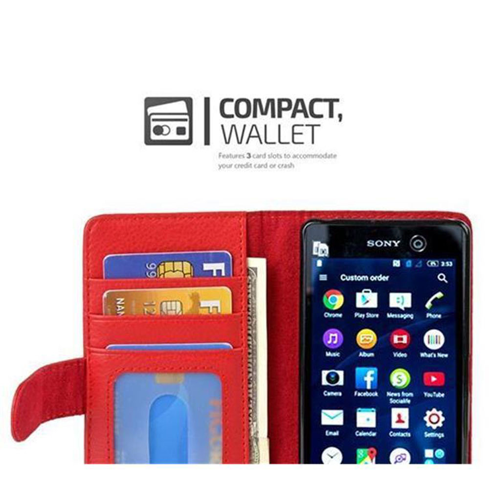Una cartera roja para teléfono con tarjetas y un teléfono que muestra una interfaz con aplicaciones.