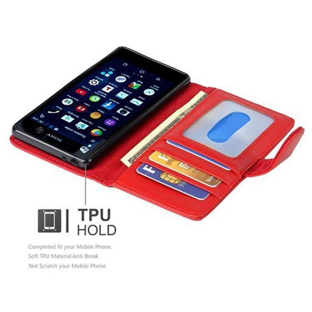 Funda para teléfono. Teléfono dentro. Funda abierta. Tarjetas en la funda. Color rojo.