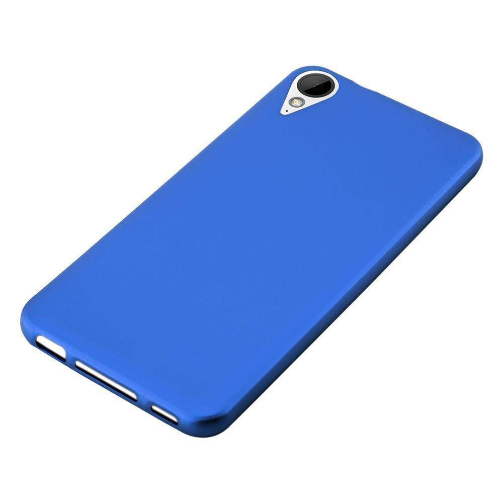 Funda de teléfono azul. Vista de la parte trasera de la funda. Es de color azul sólido.