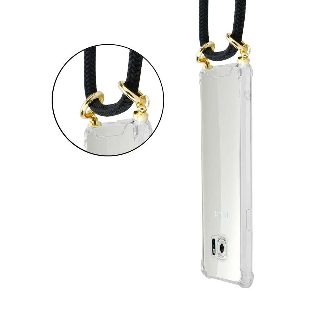 Telefono con custodia trasparente e corda nera. Dettagli dorati. Telefono sul lato destro. Sfondo bianco.